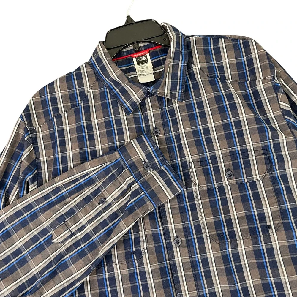 North‎ Face Plaid Button Down Shirt Long Sleeve Outdoor Hiking Blue Brown L Mens